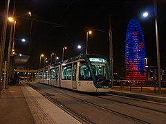 The tram stop at night
