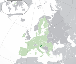 Location of  Slovenia  (dark green) – on the European continent  (green & dark grey) – in the European Union  (green)