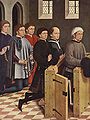 Friedrich Herlin, 1462–5. Typically for Germany, the highest status men (with kneelers) have fur (?) hats, whilst the sons with chaperons kneel on the floor.