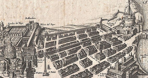 Jardins de la cour du Belvédères, visibles à gauche sur cette gravure de 1652 du Vatican