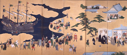 Nanban trade by Kanō Naizen, circa 1600. The screen shows foreigners arriving at a shore of Japan.