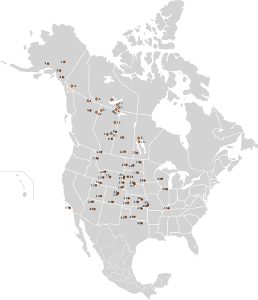 Distribution of public herds of plains bison and of free-ranging or captive breeding wood bison in North America as of 2003.   Wood bison   Plains bison