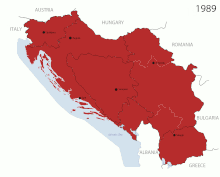 מקרא:   הרפובליקה הפדרלית הסוציאליסטית של יוגוסלביה   סלובניה   קרואטיה   הרפובליקה הסרבית של קראינה   מקדוניה הצפונית   הפדרציה של בוסניה והרצגובינה   הקהילה הקרואטית של הרצג-בוסניה   רפובליקה סרפסקה   הרפובליקה הפדרלית של יוגוסלביה   המחוז האוטונומי של מערב בוסניה   בוסניה והרצגובינה   מינהל המעבר של האו"ם למזרח סלבוניה, ברניה ומערב סירמיום   מונטנגרו   סרביה   קוסובו