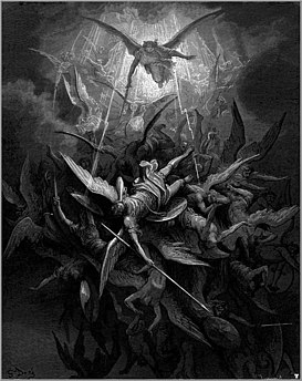 Michael casts out rebel angels. Illustration by Gustave Doré for John Milton's Paradise Lost (1866)