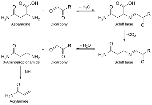 Formación de crilamida por reacción entre a asparaxina e compostos dicarbonilo derivados da reacción de Amadori.