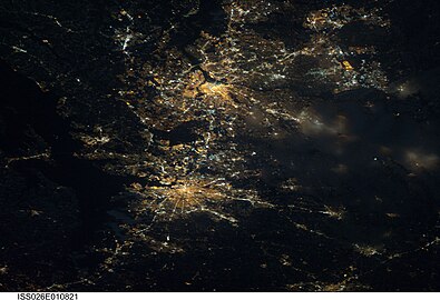 Metropolitan Areas of Washington, D.C. and Baltimore at night.