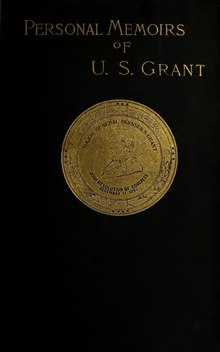 A black cover with "Personal Memoirs / Of / U. S. Grant" written in gold leaf and an elaborate stamp featuring Grant's face in profile