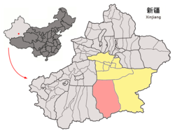 Location of Qiemo County (pink) in Bayingolin Prefecture (yellow) and Xinjiang