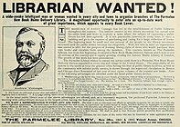 Andrew Carnegie illustration in ad for librarian.