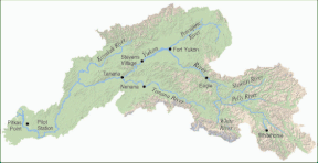 Kaart van die Yukonrivier-bekken in Noord-Amerika