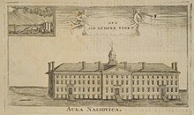 Un grabado de Nassau Hall de 1760.