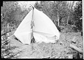 View of a camp site, with a white tent, showing a string of fish and a fly fishing rod hanging from the front tent pole.