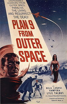 "PLAN 9 FROM OUTER SPACE" in large red letters adorns a beam from a night sky containing spacecraft and warplanes. The foreground has the head of a man in a bubble-headed red spacesuit, a caped vampire attacking a victim, a seductive vampiress, and gravediggers at work. Above the title is "UNSPEAKABLE HORRORS FROM OUTER SPACE PARALYZE THE LIVING AND RESURRECT THE DEAD!"; below are "BELA LUGOSI", "VAMPIRA", and "LYLE TALBOT". This movie poster is cheaply printed: the only colors are blue, red, and the yellowed background.