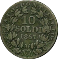 10 Soldi (50 Centesimi) Vatikan Silber 1867, Raugewicht 2,50 g = 2,25 g Feinsilber = 100 Soldi entsprechen 5 Lire