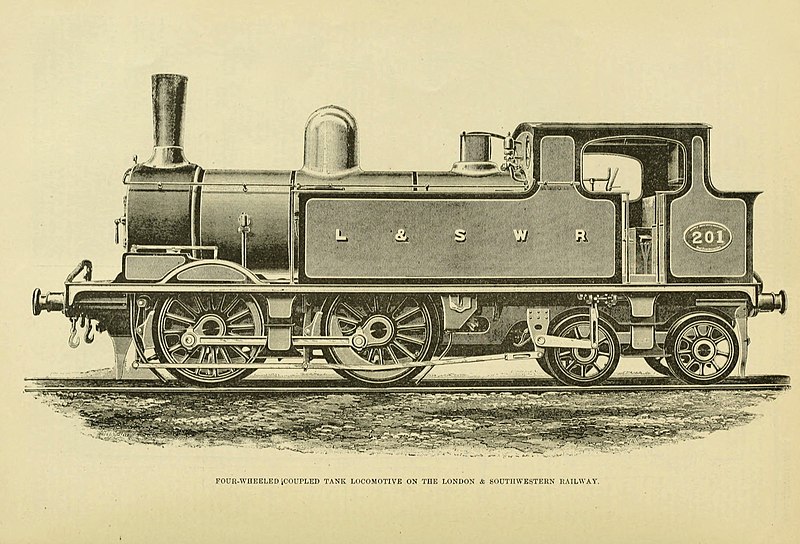 File:London & Southwestern Railway O2 Class 0-4-4T four-wheeled coupled tank locomotive no 201 in side-view.jpg