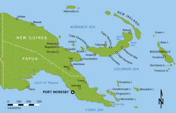 A colour map depicting several areas in the Pacific including New Guinea, New Britain and New Ireland and smaller islands