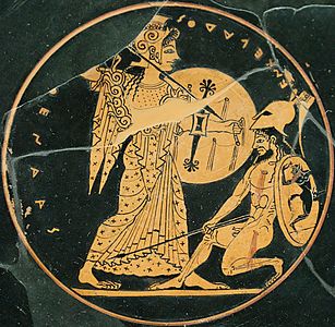 Attic red-figure kylix showing Athena slaying the Giant Enceladus (c. 550–500 BC)