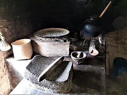 Contemporary indigenous kitchen with metate in the foreground, comal, palm tenate, molcajete (stone mortar) and a clay pot.[10] San Juan Achiutla, Oaxaca, México, 2020.
