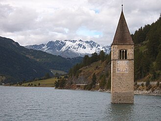 Graun, the bell tower in the Reschensee