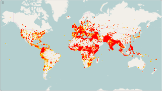 1970–2015-ի ահաբեկչական միջադեպեր։ Ընդհանուր՝ 157,520 միջադեպ Նարնջագույն: 1970–1999, Կարմիր: 2000–2015