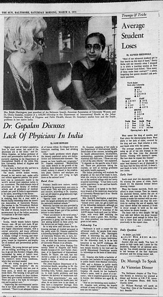 File:Article Published in the Baltimore Sun about Dr. Chitra Gopalan's work on Public Health issues in India.jpg