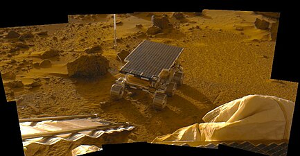 The sol 2 "insurance panorama" of Sojourner, taken on 530, 600, and 750 nm filters.[b]