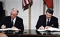 Reagan and Gorbachev signing the Intermediate-Range Nuclear Forces Treaty in the East Room of the White House, 8 December