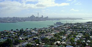Devonport and the Waitemata Harbour from Mount Victoria. Auckland CBD in the distance.