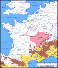 A map of modern-day Europe centered on France. Compared to the prior map, southeastern France is now shaded red.