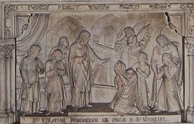 St. Valerie of Limoges presents her head to her bishop and confessor, Saint Martial; Church of St. Michel des Lions, Limoges