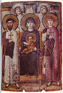 Sixth-century AD icon of the enthroned Virgin and Child with saints and angels, and the Hand of God above, from Saint Catherine's Monastery, possibly the earliest iconic image of the subject to survive