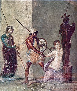 Pompeii's Roman fresco shows Ajax dragging Cassandra away from palladium in the fall of Troy, event that provoked Athena's wrath to Greek armies[49]