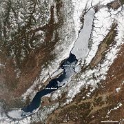Spring ice melt underway on Lake Baikal, on 4 May: Notice the ice-covered north, while much of the south is already ice-free.
