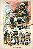 Puck magazine, o Zar ruscio e seu marionétto: "Fransa" (Felix Faure), "Austria" (Françesco Gioxeppe I), "Italia" (Umberto I), "Germania" (Ghigèrmo II), e "Inghiltæra" (John Bull)