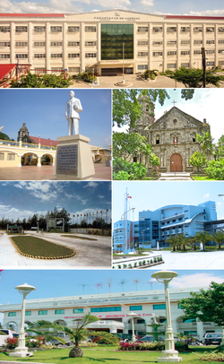 (from top, left to right): University of Cabuyao, City Plaza, Church of Saint Polycarp, Light Industry & Science Park of the Philippines I, Mapúa Malayan Colleges Laguna, City Hall