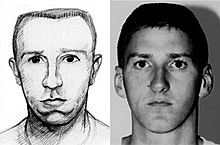 An FBI sketch is shown on the left of the image on the suspected bomber looking forward, and on the right, an image of McVeigh looking at the camera. Two brown bars are visible on the top and bottom of the comparison image.