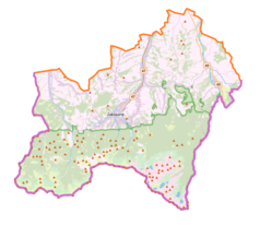 Mapa konturowa powiatu tatrzańskiego, w centrum znajduje się punkt z opisem „Zakopane”