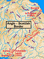 The Anglo-Scottish border, with the Tweed on the east. Its estuary and the town of Berwick-upon-Tweed were a late annexation by England.