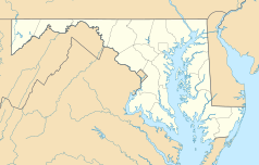 Mapa konturowa stanu Maryland, blisko centrum u góry znajduje się punkt z opisem „Laurel”