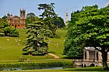 Hawkwell Hill with Gothic temple, Cobham monument and Palladian bridge at Stowe House in Buckinghamshire