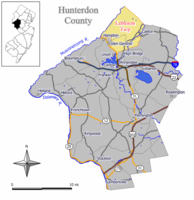 Location of Lebanon Township in Hunterdon County highlighted in yellow (right). Inset map: Location of Hunterdon County in New Jersey highlighted in black (left).