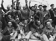 Des survivants de Dachau trinquent à leur libération. L'homme debout au centre, entre les bouteilles, porte un triangle P.