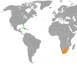 Map indicating locations of Cuba and South Africa