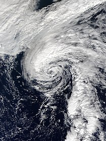 A satellite image of Tropical Storm moving across the northern Atlantic Ocean on November 8, 2017.