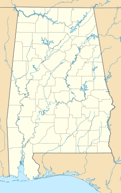 Mapa konturowa Alabamy, po prawej znajduje się punkt z opisem „Tuskegee”