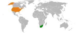 Mapa indicando localização da África do Sul e {{{preposição2}}} Estados Unidos.