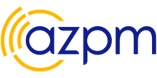 The lowercase letters a z p m in blue. The a is single-story and has a yellow ring around it, part of which is a segment with three ring segments suggesting a signal.
