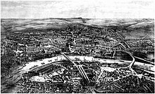 Černobílá reprodkce litografie, která zachycuje panoramatický pohled na město oblopující rameno řeky Labe