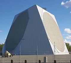 US Air Force PAVE PAWS phased array 420–450 MHz radar antenna for ballistic missile detection, Alaska. The two circular arrays are each composed of 2677 crossed dipole antennas.