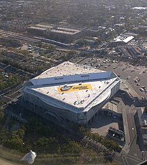 Aerial view of SAP Center from a landing at San Jose International Airport (SJC)